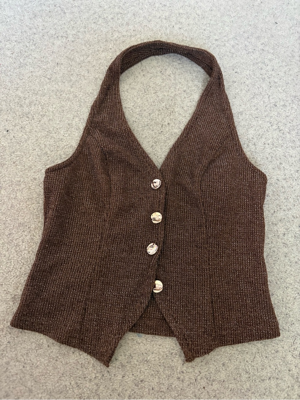 Brown Knit Halter Button-Front Vest